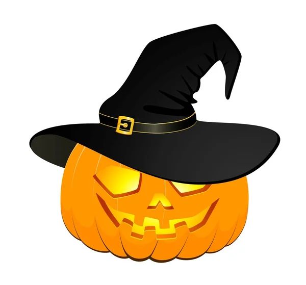 Kaiverrettu kasvot kurpitsa hehkuu Halloween on musta hattu — vektorikuva