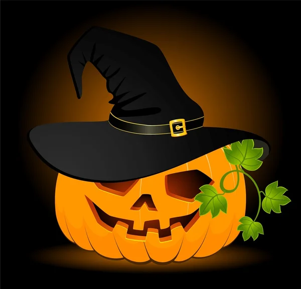 La cara tallada de la calabaza que brilla en Halloween está en el sombrero negro — Vector de stock