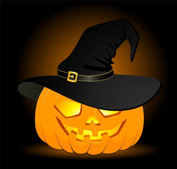 Il volto scolpito della zucca che brilla su Halloween è nel cappello nero — Vettoriale Stock