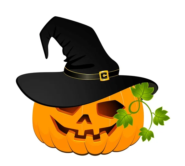 Le visage sculpté de citrouille rayonnant sur Halloween est dans le chapeau noir — Image vectorielle