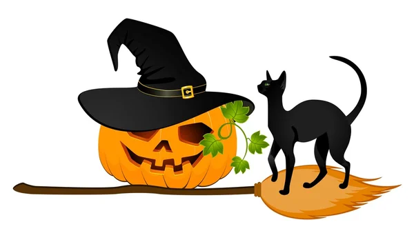 The carved face of pumpkin with cat on Halloween — Stock Vector