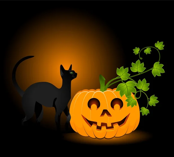 Det utskårne ansiktet til gresskaret med katt på Halloween – stockvektor