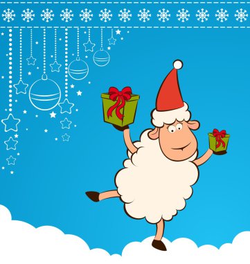 Cartoon funny Santa Claus sheep with gifts.