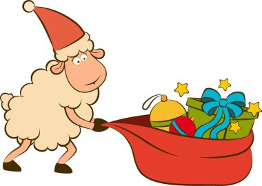 Cartoon funny sheep and sack with gifts Christmas illustration