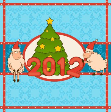 Cartoon funny sheep with fir-tree Christmas illustration