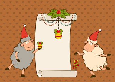 Cartoon funny sheep with gifts Christmas illustration