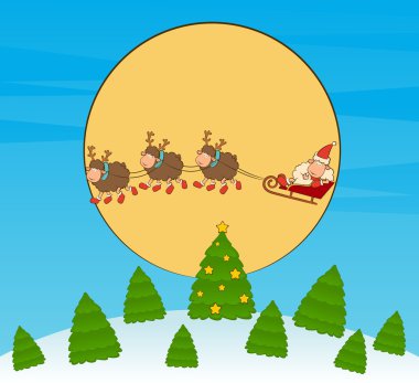 Cartoon funny deer with sledges Christmas illustration