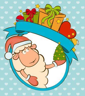 Cartoon funny sheep with gifts Christmas illustration