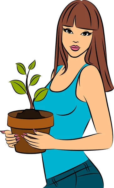 Schöne modische Mädchen mit einer Pflanze im Topf — Stockfoto