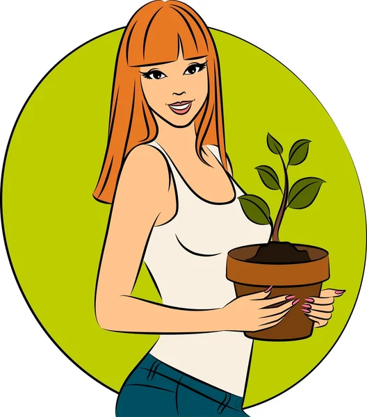 Schöne modische Mädchen mit einer Pflanze im Topf — Stockfoto