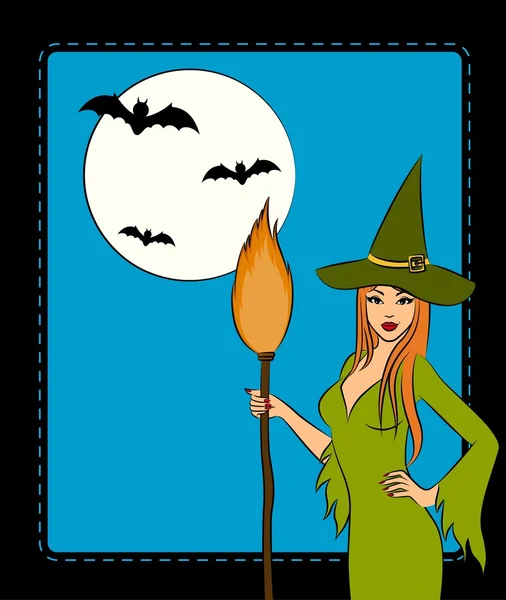 Girl witch with broom in Halloween style illustration — Stok fotoğraf