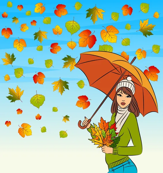 Belle fille avec feuilles d'automne et parapluie — Photo