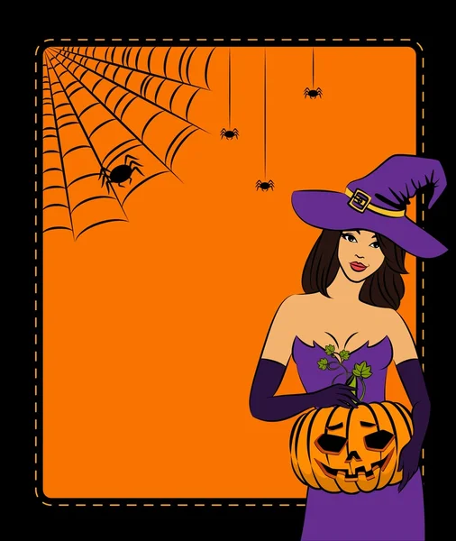 Girl witch with pumpkin in Halloween style. — Stock Photo, Image