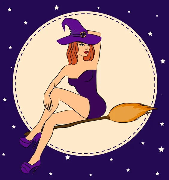 Girl witch fly on broom in Halloween style. — Stock Photo, Image
