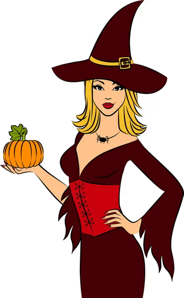 Girl witch with pumpkin in Halloween style. — Stock Photo, Image