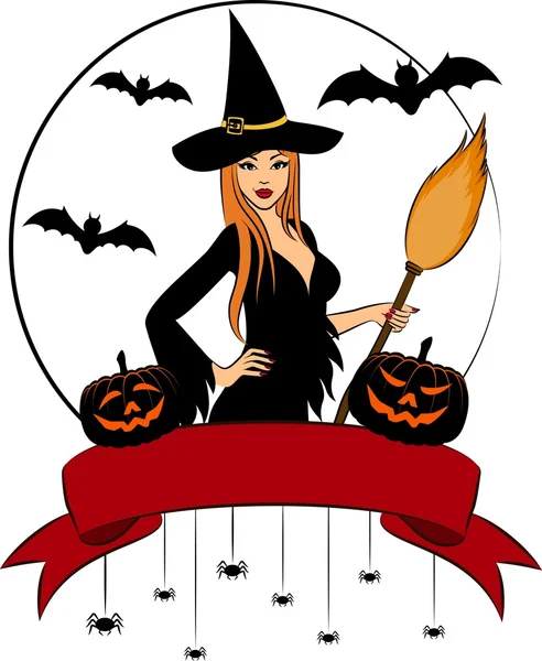 Girl witch with broom in Halloween style. — Stock Photo, Image