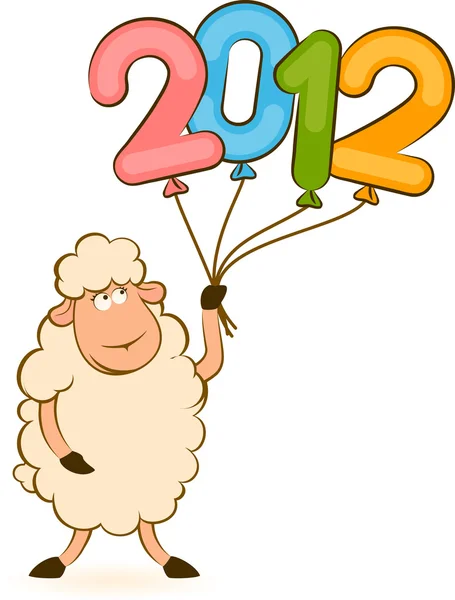 Cartoon funny sheep with 2012 balloons Christmas illustration — Stock Photo, Image