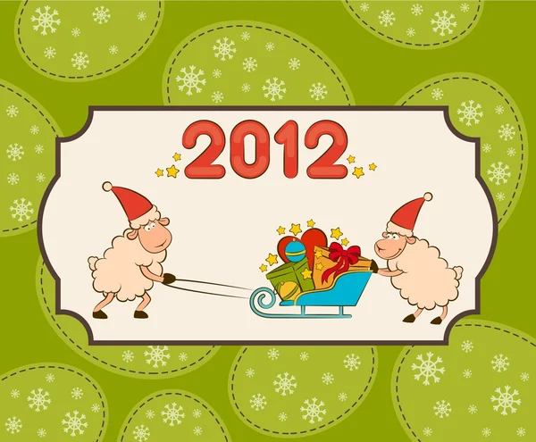 Cartoon funny sheep heaves up sledges with gifts illustration — Stock Photo, Image