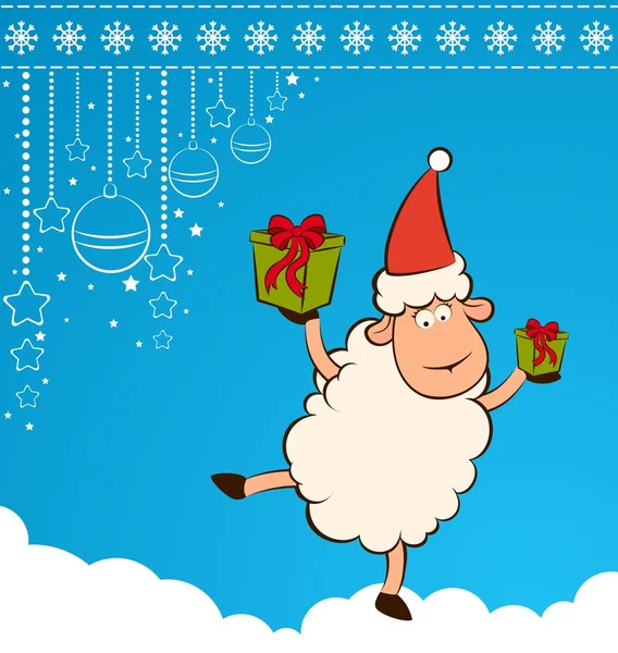 Cartoon funny Santa Claus sheep with gifts. — Stock Photo, Image