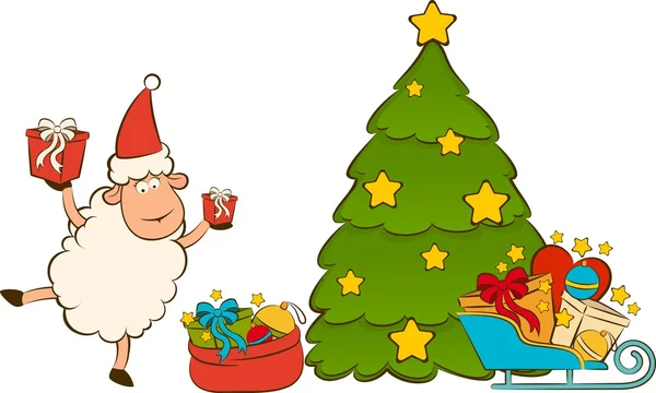 Cartoon lustige Schafe und Schlitten, Tannenbaum und Geschenke Weihnachten illus — Stockfoto