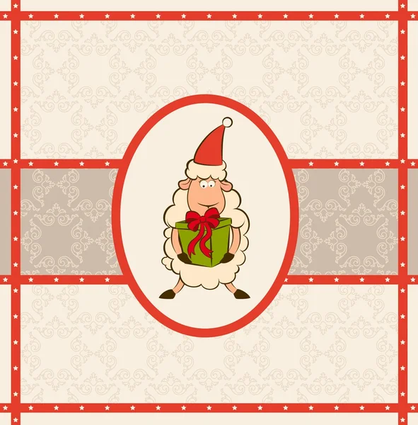 Карикатура смешная овца с подарком Рождественская иллюстрация — стоковое фото