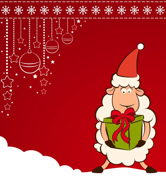 Cartoon funny Santa Claus sheep with gift Christmas illustration — ストック写真