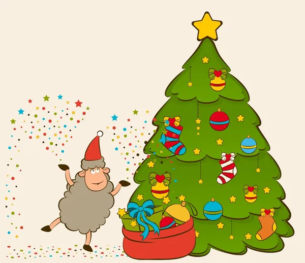Dibujos animados divertida oveja de Santa Claus con abeto ilustración de Navidad —  Fotos de Stock