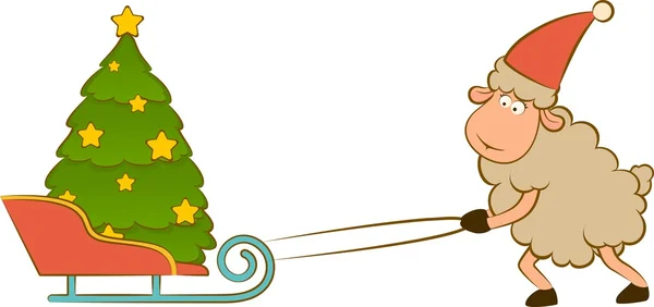 Cartoon funny sheep heaves up sledges with fir-tree illustration — 图库照片