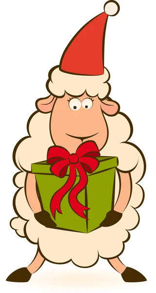 Cartoon funny Santa Claus sheep with gift Christmas illustration — 图库照片