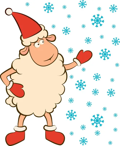 Dessin animé drôle de mouton avec des flocons de neige illustration de Noël — Photo