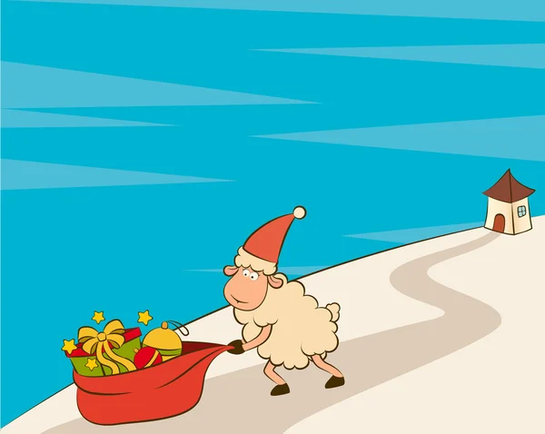 Desenhos animados engraçado Papai Noel ovelhas e saco com presentes . — Fotografia de Stock
