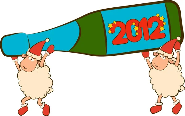 Christmas funny sheep with champagne bottles — 图库照片