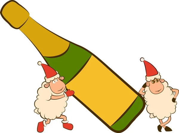 Christmas funny sheep with champagne bottles — Stock Photo, Image