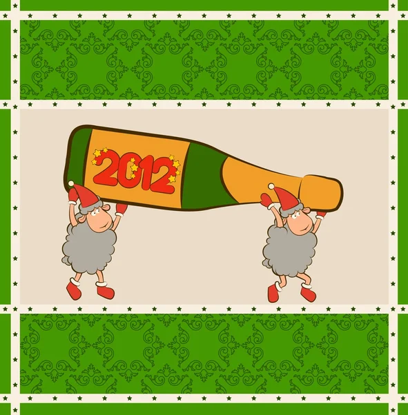 Christmas funny sheep with champagne bottles — ストック写真