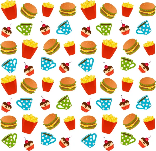 Cheeseburger with the pack of french fries, sweet cupcake — Zdjęcie stockowe