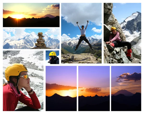 Collage - Elbrus am frühen Morgen und Wanderer — Stockfoto