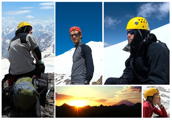 Collage - temprano en la mañana Elbrus y excursionistas —  Fotos de Stock