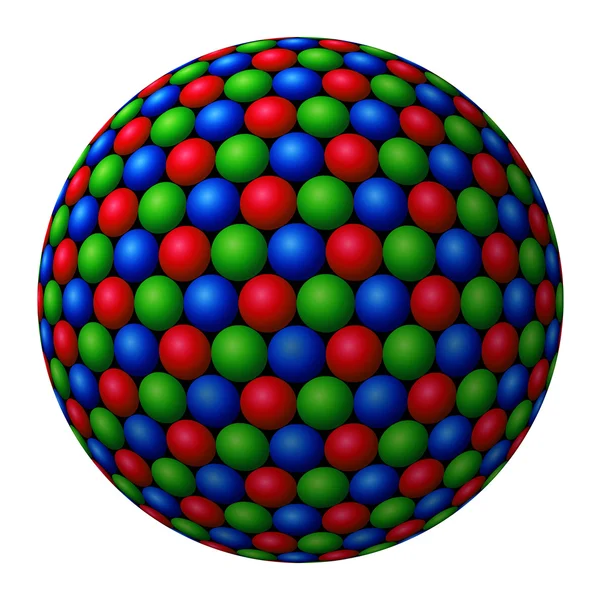 Punaisten, vihreiden ja sinisten pallojen klusteri, joka muodostaa suuremman fraktaalin — kuvapankkivalokuva