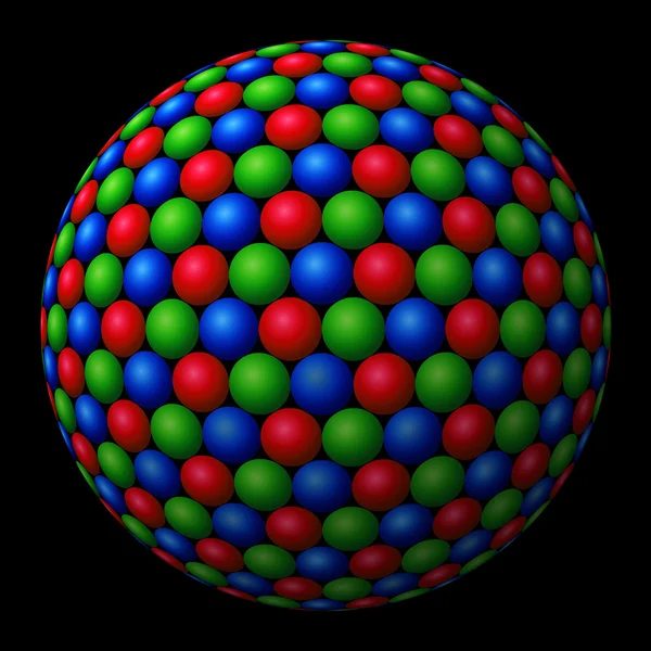 Cluster di sfere rosse, verdi e blu che formano un frattale più grande — Foto Stock