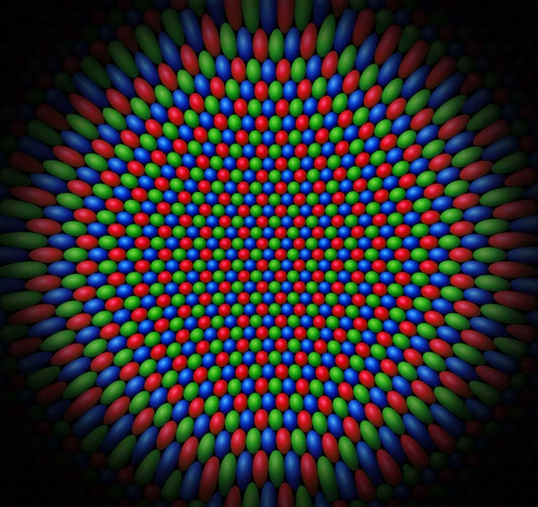 Surface concave de sphères rouges, vertes et bleues représentant la — Photo