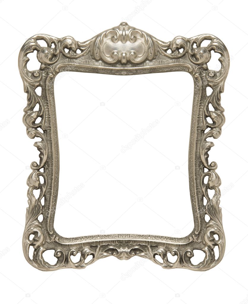 Ornate pewter picture frame silhouetted against white