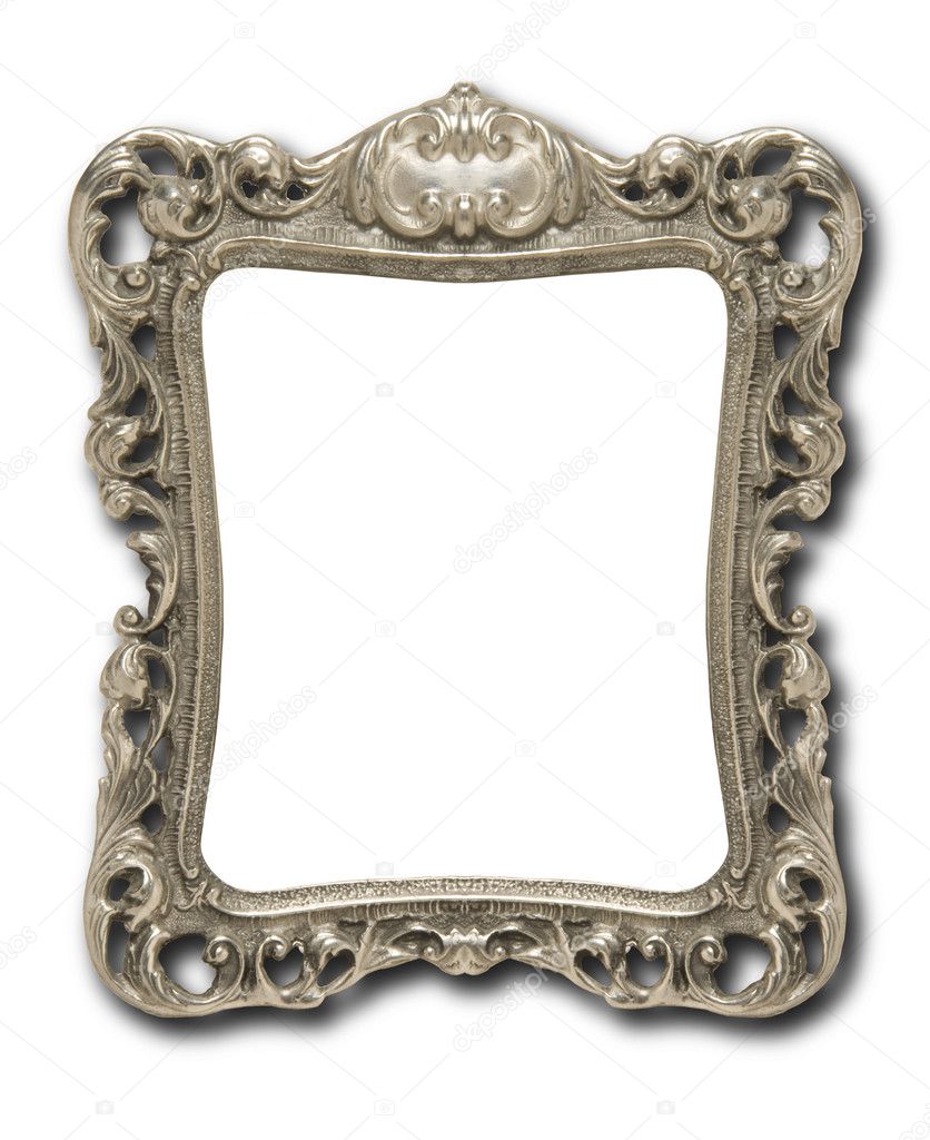 Ornate pewter picture frame against white with drop shadow