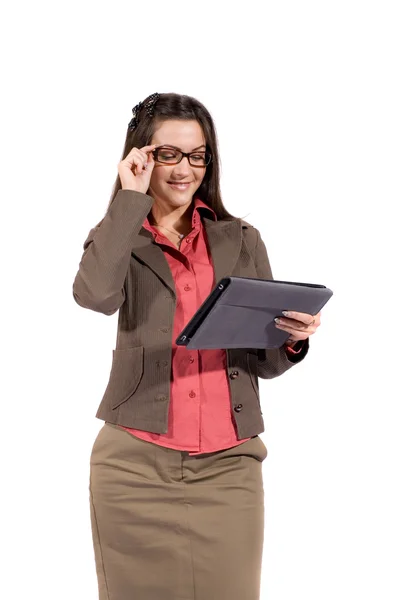 Szczęśliwy biznesmenka z komputera typu tablet — Zdjęcie stockowe