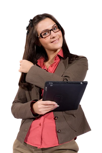 Szczęśliwy biznesmenka z komputera typu tablet — Zdjęcie stockowe