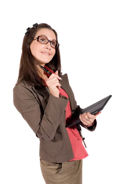 Счастливая деловая женщина с планшетным ПК — стоковое фото