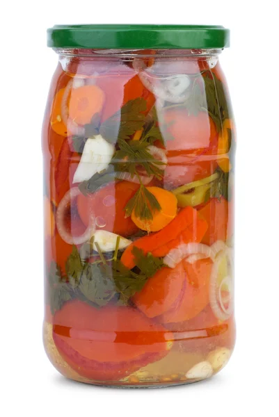 Glass jar with marinated tomatoes and vegetables — Stock Photo, Image