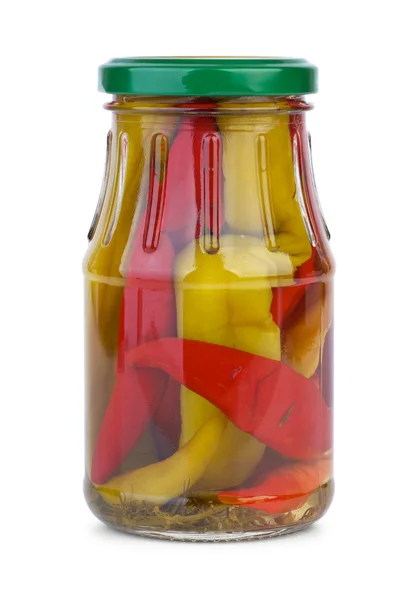 Chili peppers marinated in the glass jar — Stock Photo, Image