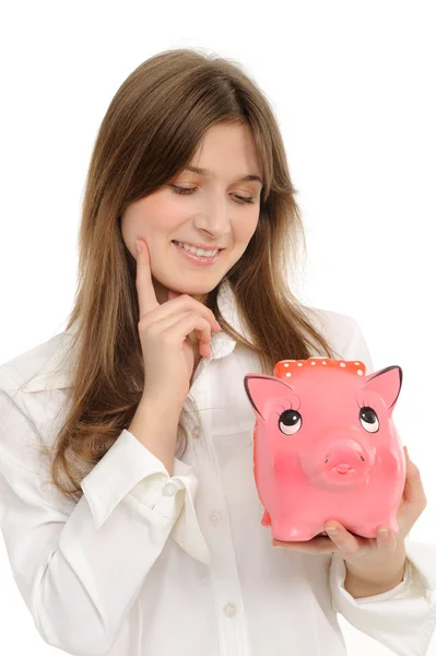 Piggybank を持つ女性 — ストック写真