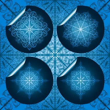 vector highly detailed blue snowflake stickers on seamless backg clipart