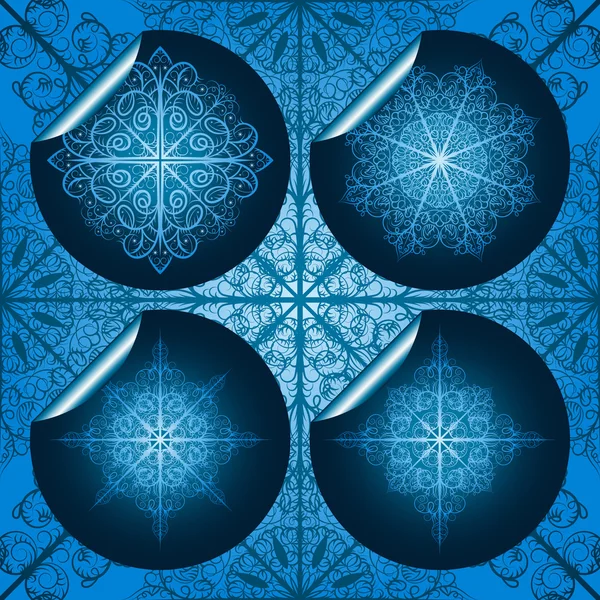 Vector zeer gedetailleerde blauwe sneeuwvlok stickers op naadloze backg — Stockvector